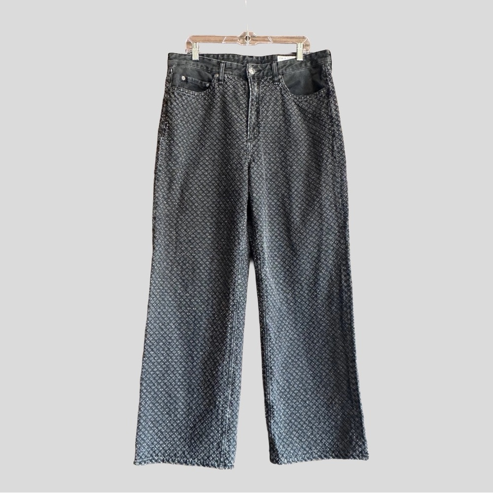 Rag & Bone Logan Mid-Rise Wide Leg Jeans in Black Tweed Textured Size 33